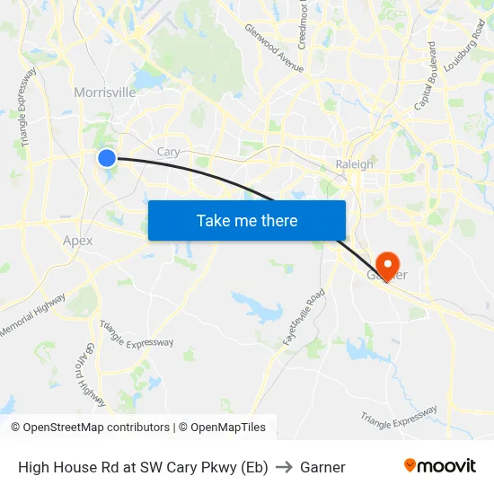 High House Rd at SW Cary Pkwy (Eb) to Garner map