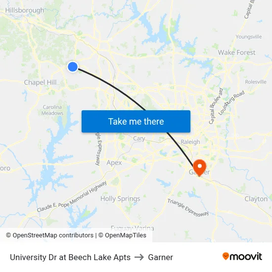 University Dr at Beech Lake Apts to Garner map