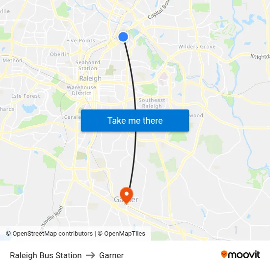 Raleigh Bus Station to Garner map