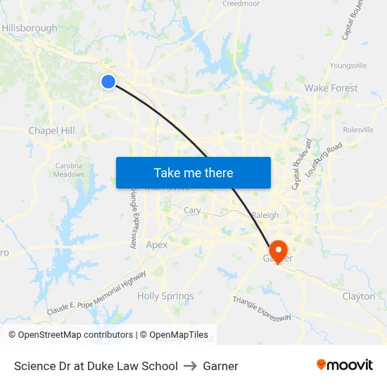 Science Dr at Duke Law School to Garner map