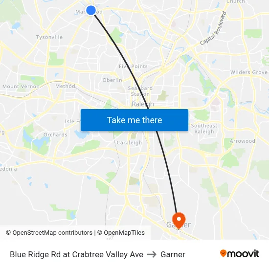 Blue Ridge Rd at Crabtree Valley Ave to Garner map