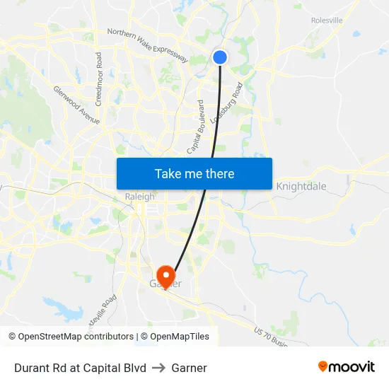 Durant Rd at Capital Blvd to Garner map