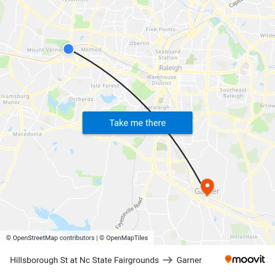 Hillsborough St at Nc State Fairgrounds to Garner map