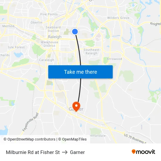 Milburnie Rd at Fisher St to Garner map