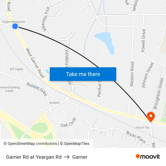 Garner Rd at Yeargan Rd to Garner map
