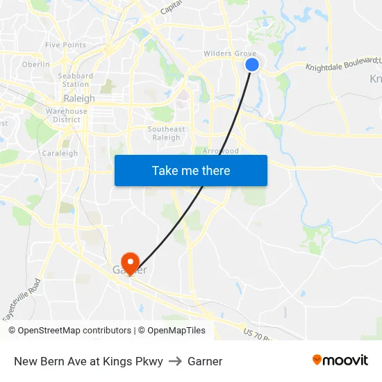 New Bern Ave at Kings Pkwy to Garner map