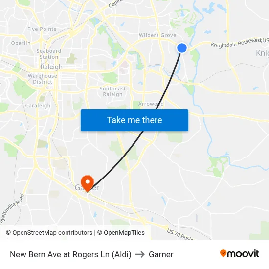 New Bern Ave at Rogers Ln (Aldi) to Garner map