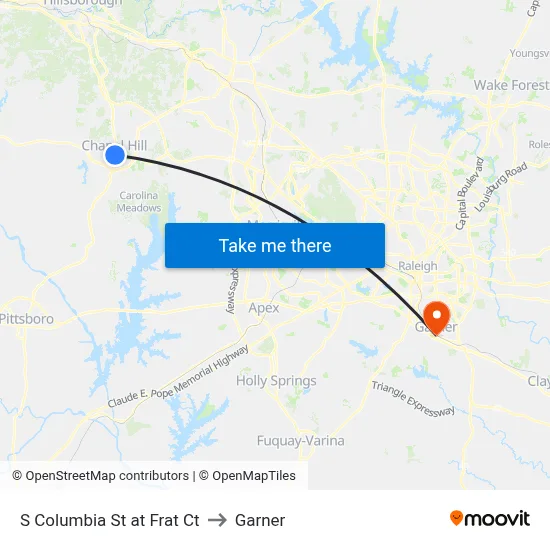 S Columbia St at Frat Ct to Garner map
