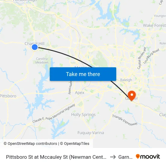 Pittsboro St at Mccauley St (Newman Center) to Garner map