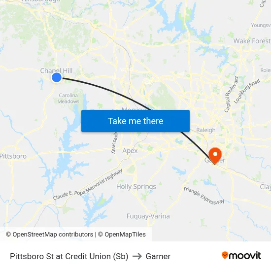 Pittsboro St at Credit Union (Sb) to Garner map