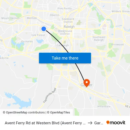 Avent Ferry Rd at Western Blvd (Avent Ferry Complex) to Garner map