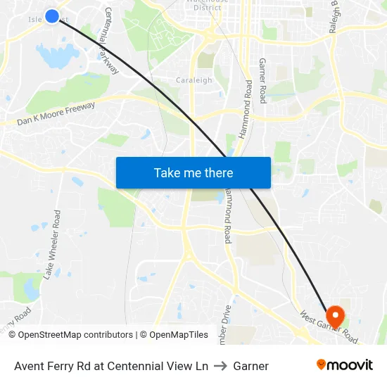 Avent Ferry Rd at Centennial View Ln to Garner map