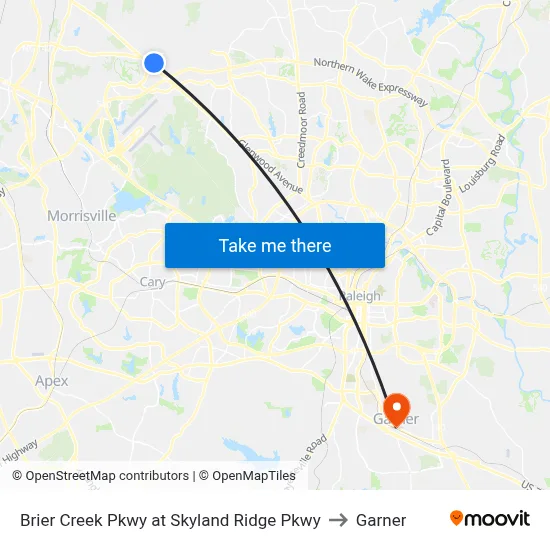 Brier Creek Pkwy at Skyland Ridge Pkwy to Garner map