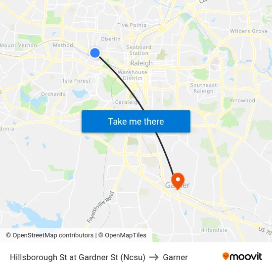 Hillsborough St at Gardner St (Ncsu) to Garner map