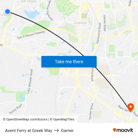Avent Ferry at Greek Way to Garner map