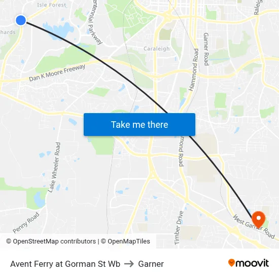 Avent Ferry at Gorman St Wb to Garner map