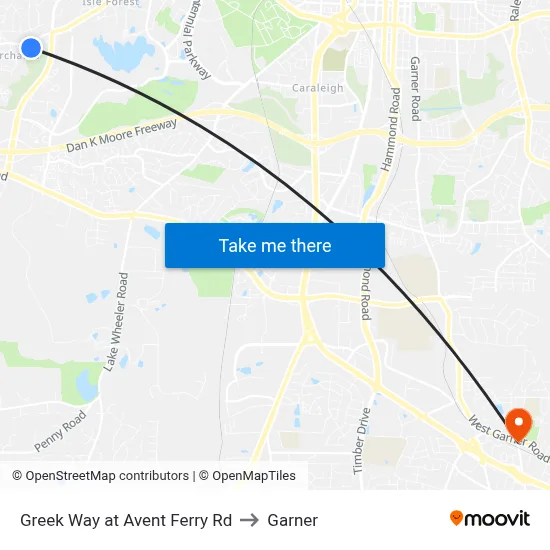 Greek Way at Avent Ferry Rd to Garner map