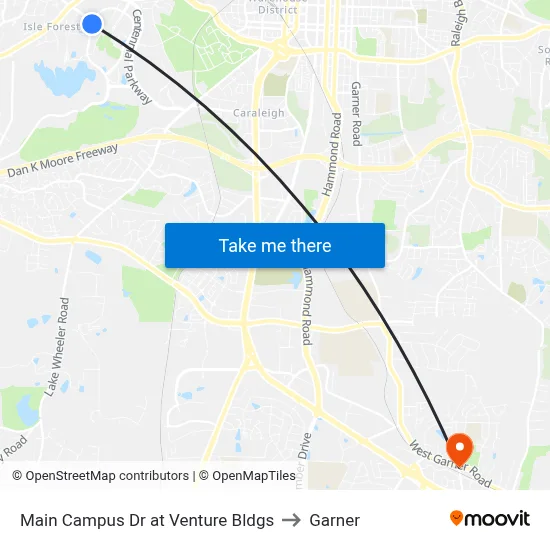Main Campus Dr at Venture Bldgs to Garner map