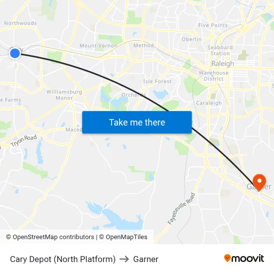 Cary Depot (North Platform) to Garner map