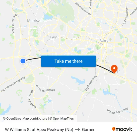 W Williams St at Apex Peakway (Nb) to Garner map
