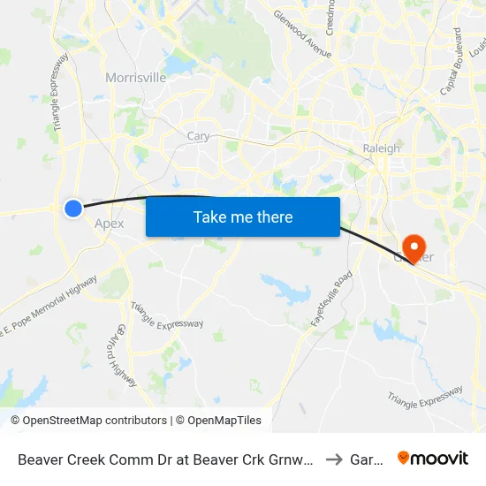 Beaver Creek Comm Dr at Beaver Crk Grnway (Eb) to Garner map