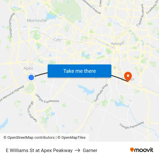 E Williams St at Apex Peakway to Garner map