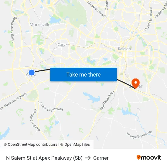 N Salem St at Apex Peakway (Sb) to Garner map