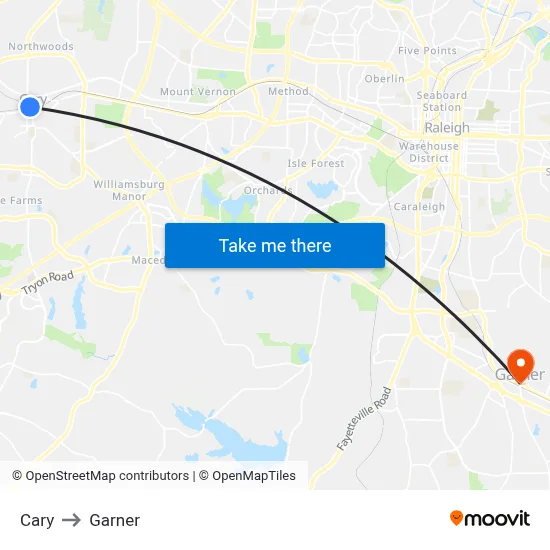 Cary to Garner map