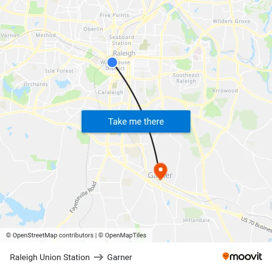 Raleigh Union Station to Garner map