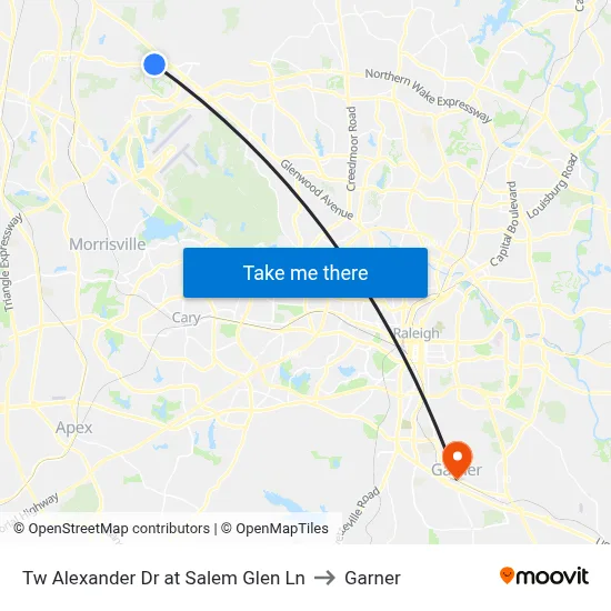 Tw Alexander Dr at Salem Glen Ln to Garner map
