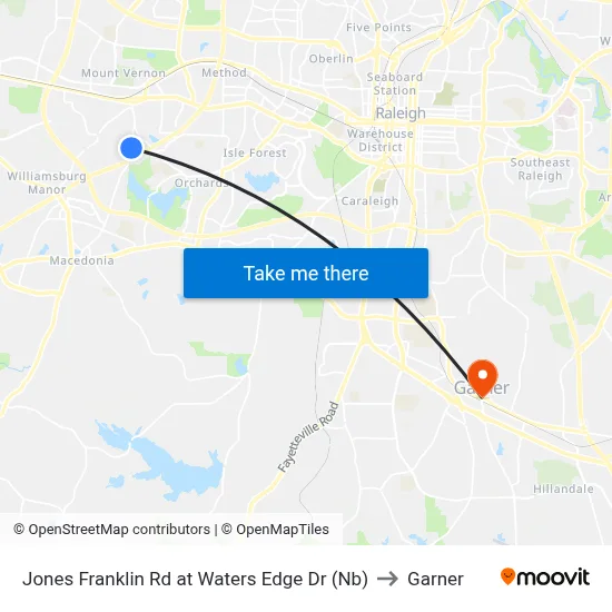 Jones Franklin Rd at Waters Edge Dr (Nb) to Garner map