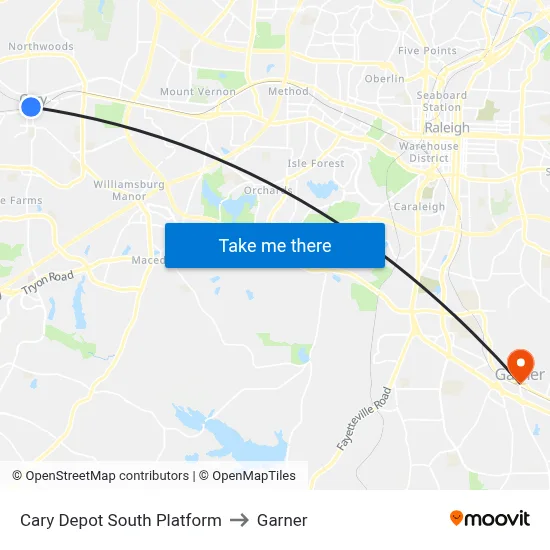 Cary Depot South Platform to Garner map