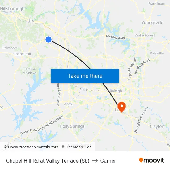 Chapel Hill Rd at Valley Terrace (Sb) to Garner map