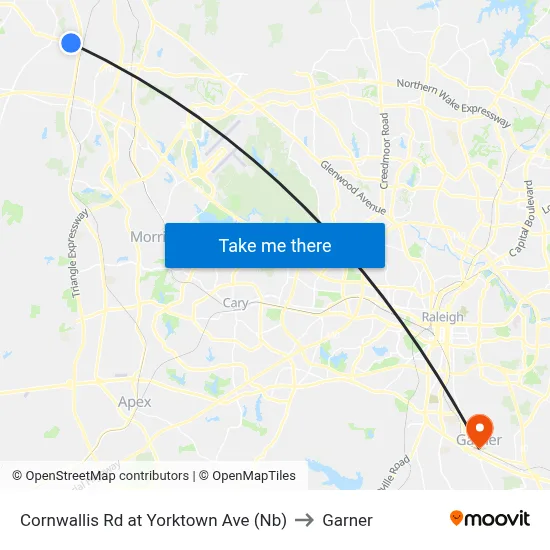 Cornwallis Rd at Yorktown Ave (Nb) to Garner map