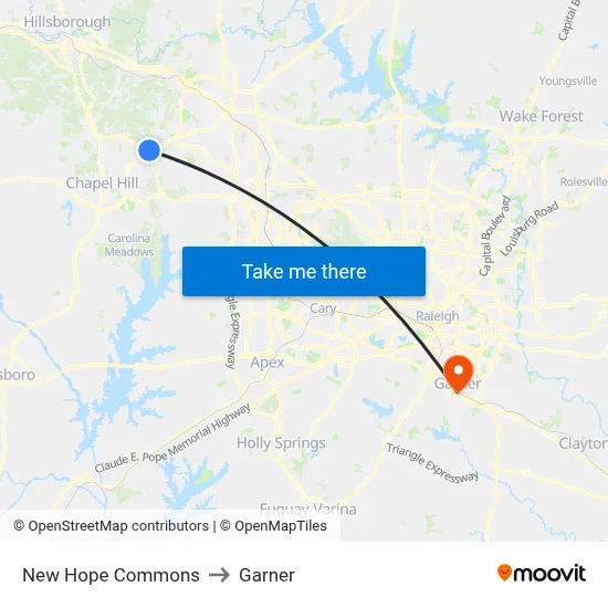New Hope Commons to Garner map