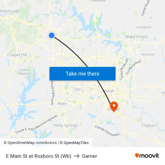 E Main St at Roxboro St (Wb) to Garner map