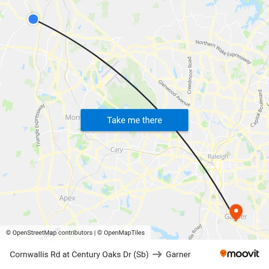 Cornwallis Rd at Century Oaks Dr (Sb) to Garner map