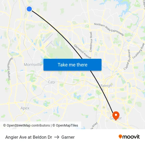 Angier Ave at Beldon Dr to Garner map