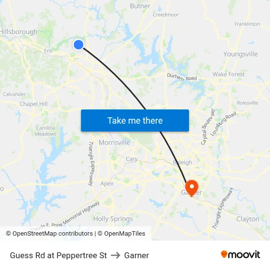 Guess Rd at Peppertree St to Garner map