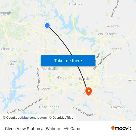 Glenn View Station at Walmart to Garner map