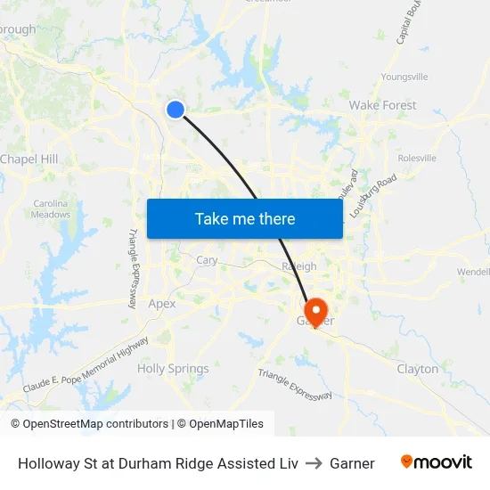 Holloway St at Durham Ridge Assisted Liv to Garner map