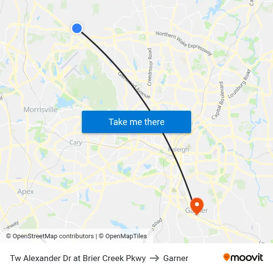Tw Alexander Dr at Brier Creek Pkwy to Garner map