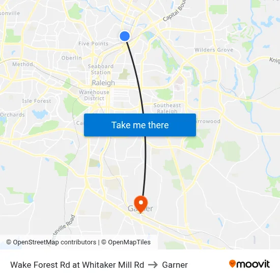 Wake Forest Rd at Whitaker Mill Rd to Garner map