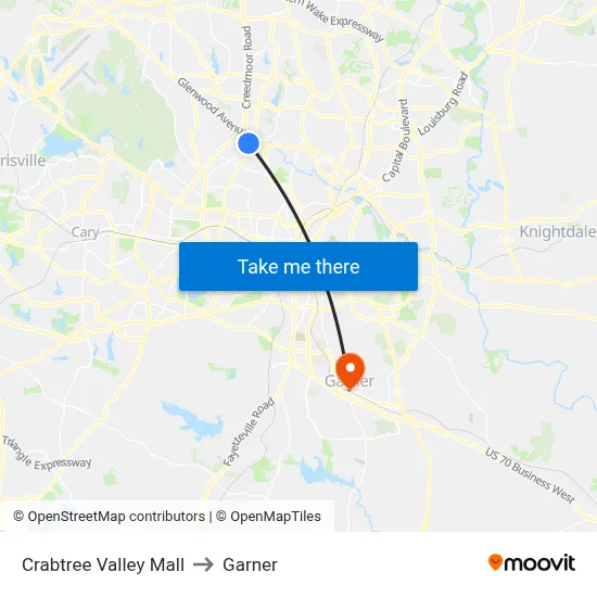 Crabtree Valley Mall to Garner map