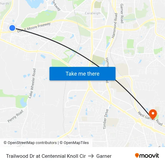 Trailwood Dr at Centennial Knoll Cir to Garner map