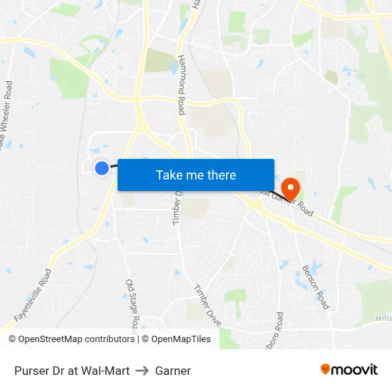 Purser Dr at Wal-Mart to Garner map