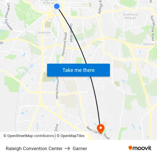 Raleigh Convention Center to Garner map