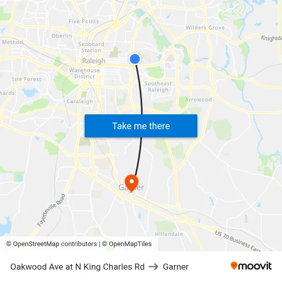 Oakwood Ave at N King Charles Rd to Garner map