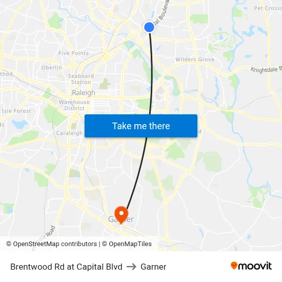 Brentwood Rd at Capital Blvd to Garner map