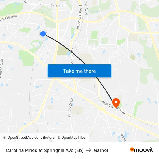 Carolina Pines at Springhill Ave (Eb) to Garner map
